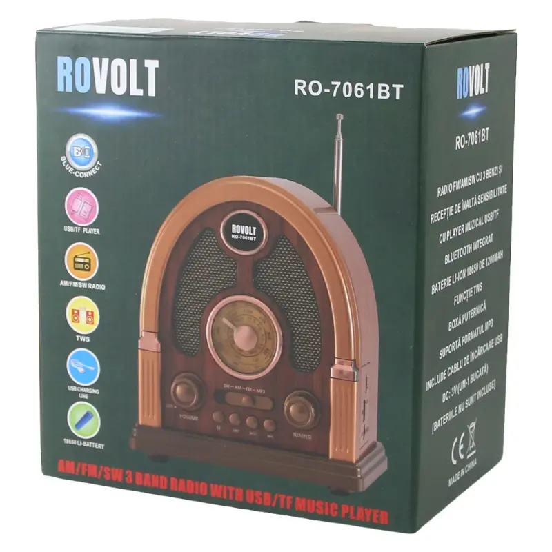 Radio portabil retro rovolt ro-7061bt cu bluetooth, fm/am/sw
